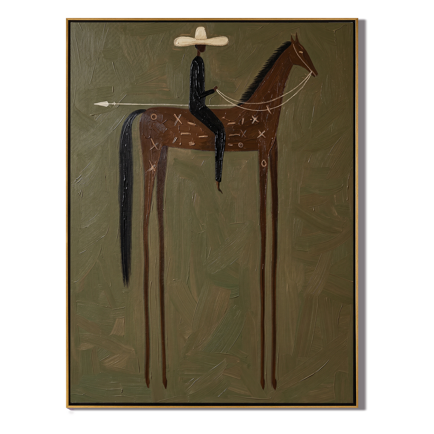 White Hat Above Olive — brown and black modern figurative vintage americana art, set of 2 hand-painted canvas art – view 1