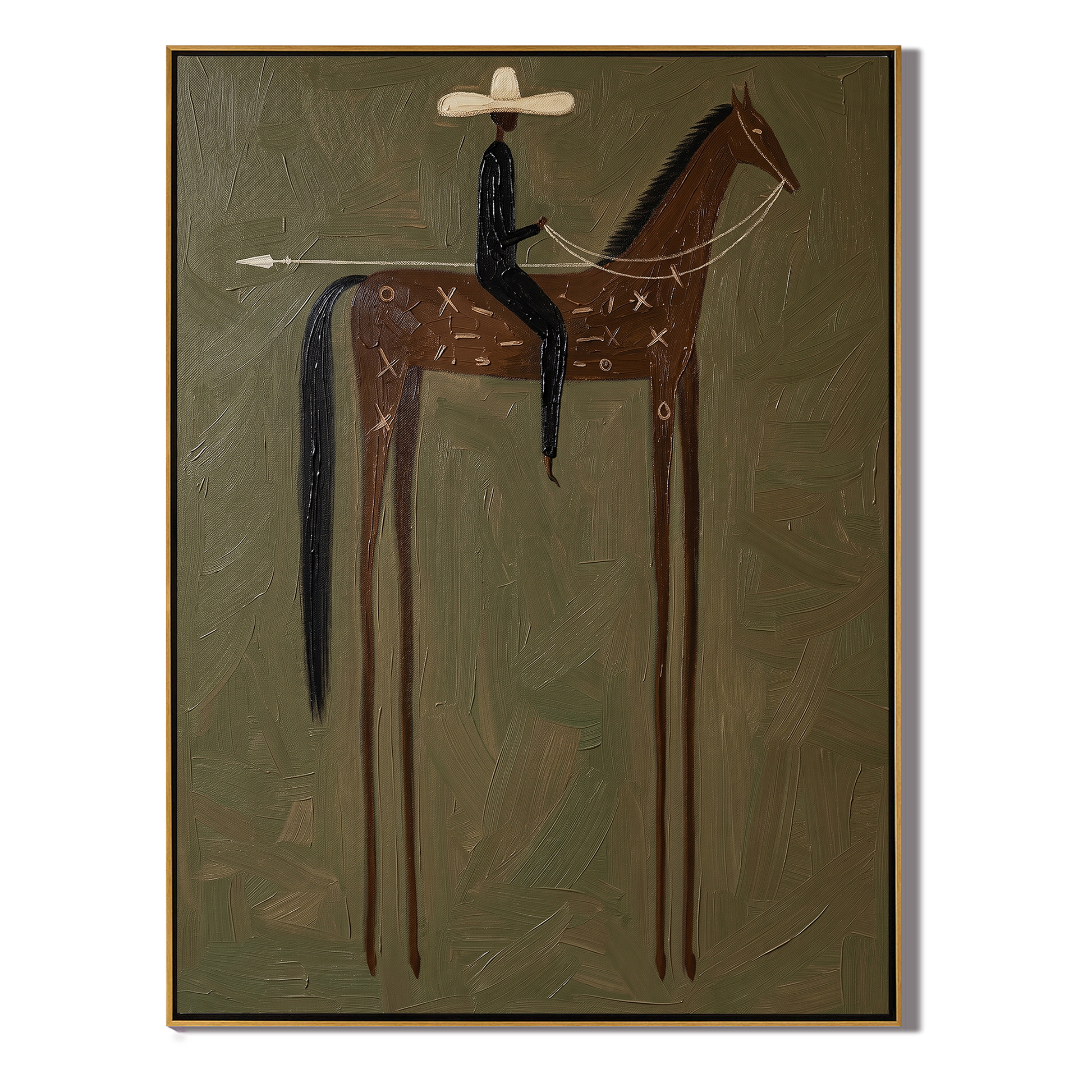 White Hat Above Olive — brown and black modern figurative vintage americana art, set of 2 hand-painted canvas art – view 1