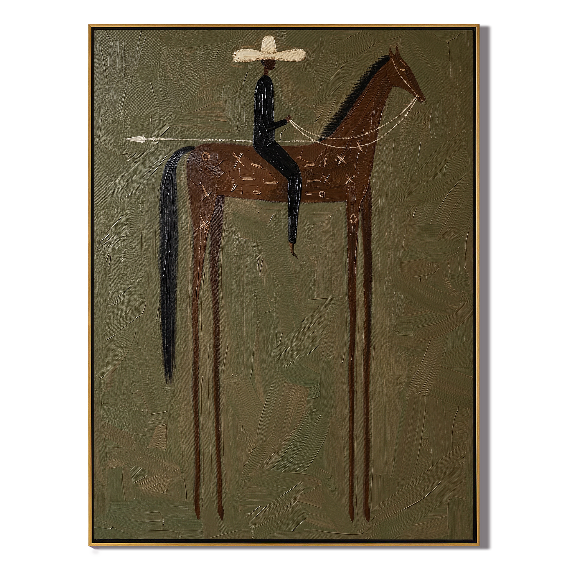 White Hat Above Olive — brown and black modern figurative vintage americana art, set of 2 hand-painted canvas art – view 1