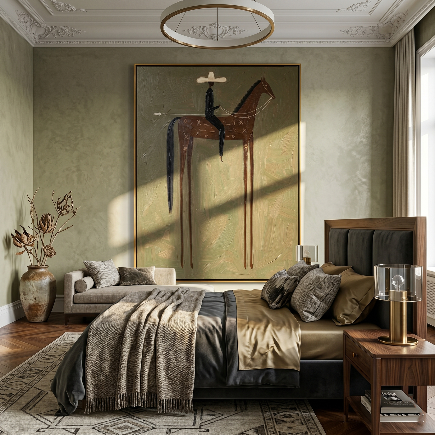 White Hat Above Olive — brown and black modern figurative vintage americana art, set of 2 hand-painted canvas art – view 3