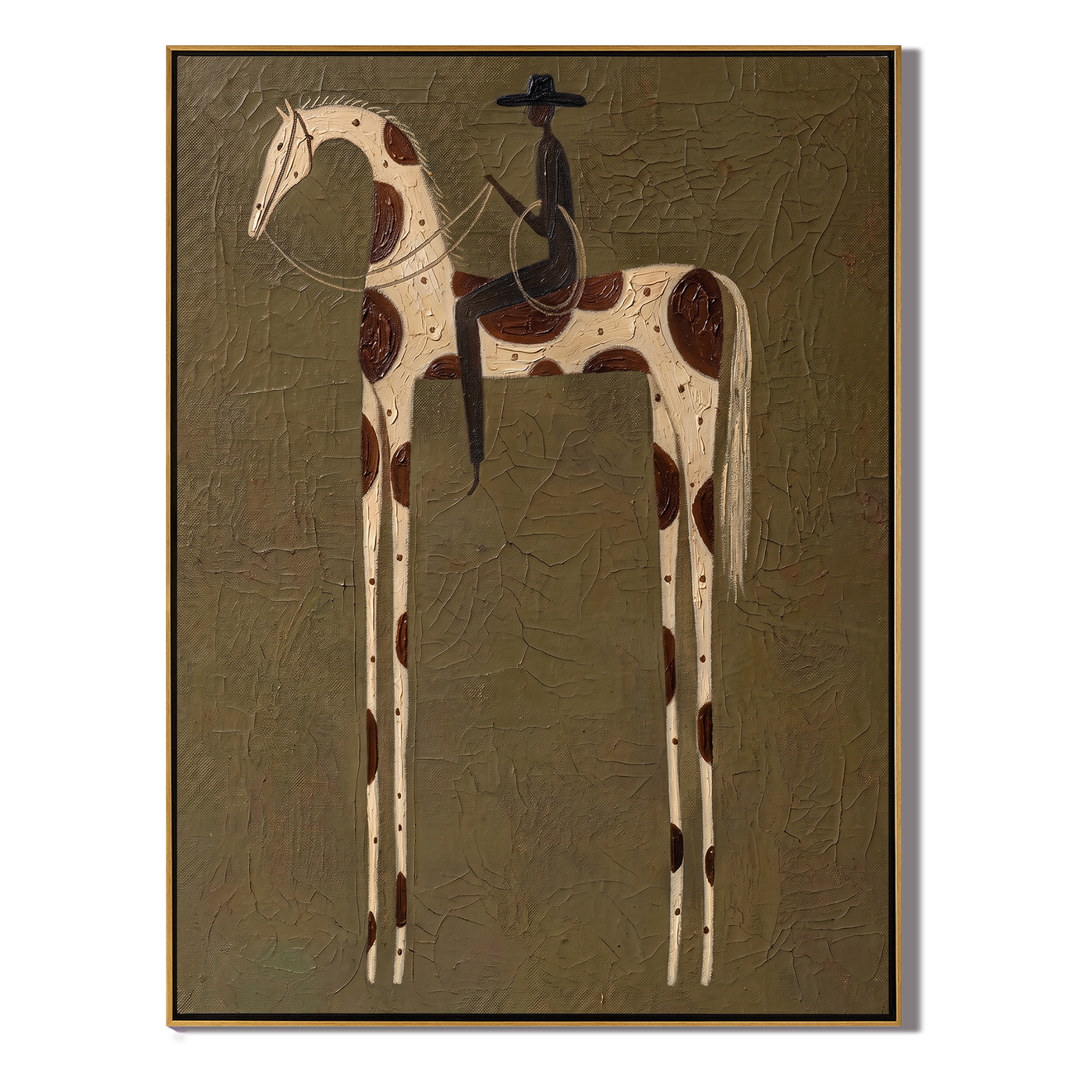 Black Rider on Spots — brown and gold modern figurative vintage americana art, set of 2 hand-painted canvas art – view 1
