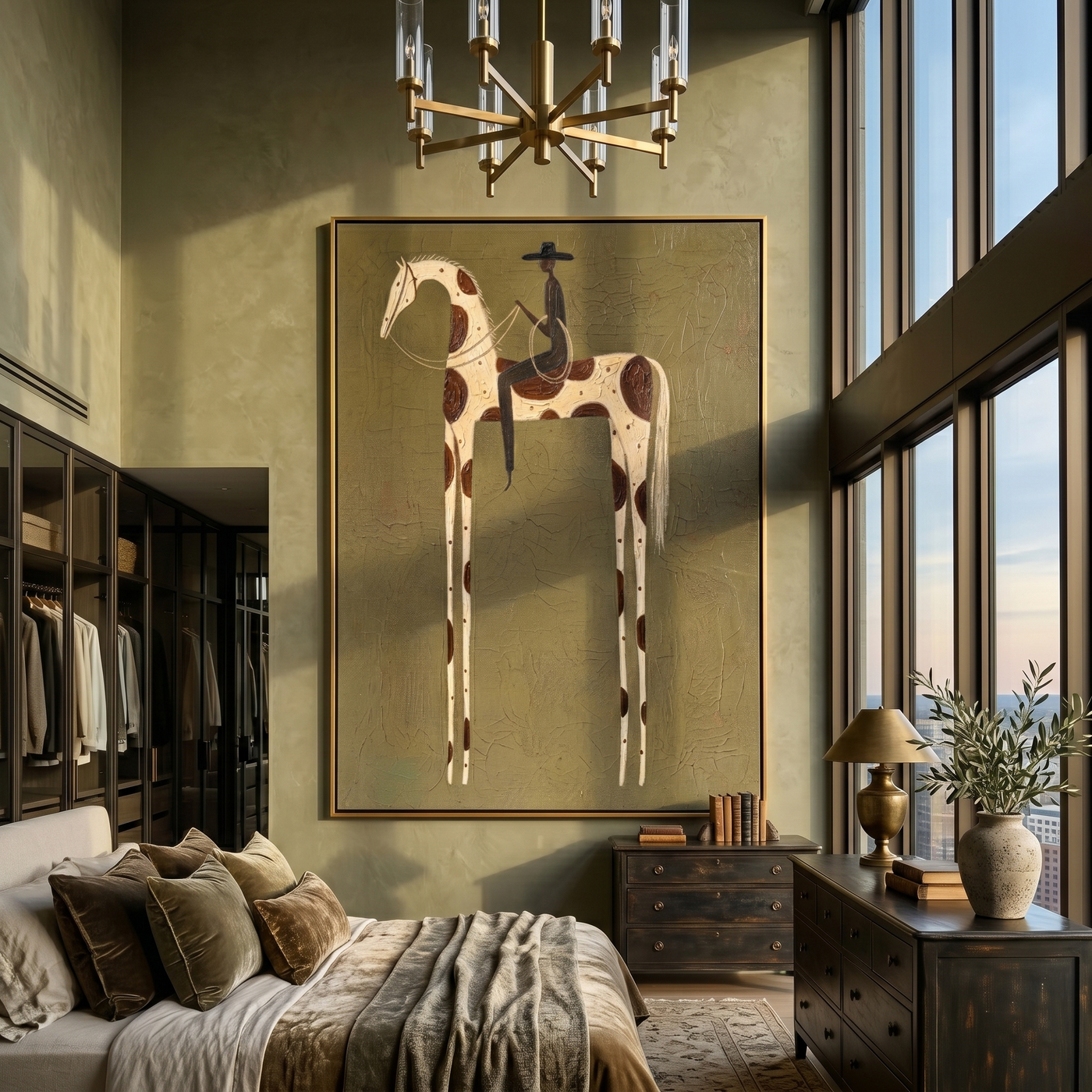 Black Rider on Spots — brown and gold modern figurative vintage americana art, set of 2 hand-painted canvas art – view 4