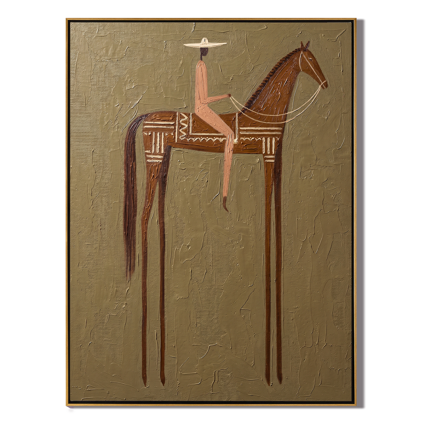 Pink Rider Crosses Taupe — brown and gold modern figurative vintage americana art, set of 2 hand-painted canvas art – view 1