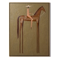 Pink Rider Crosses Taupe — brown and gold modern figurative vintage americana art, set of 2 hand-painted canvas art – view 1