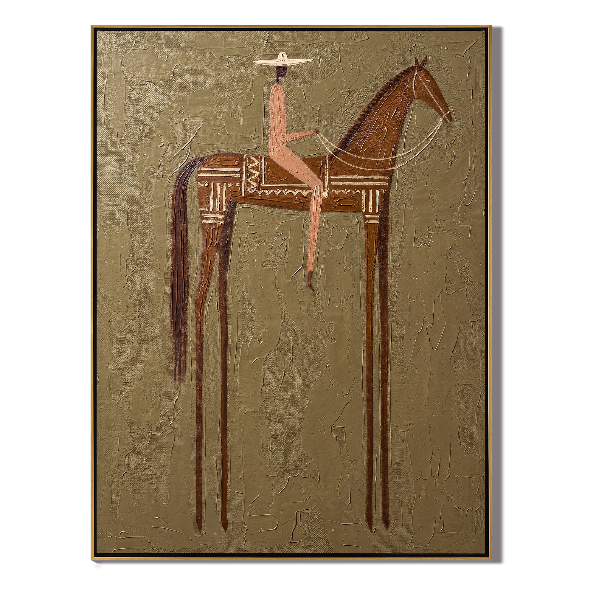 Pink Rider Crosses Taupe — brown and gold modern figurative vintage americana art, set of 2 hand-painted canvas art – view 1