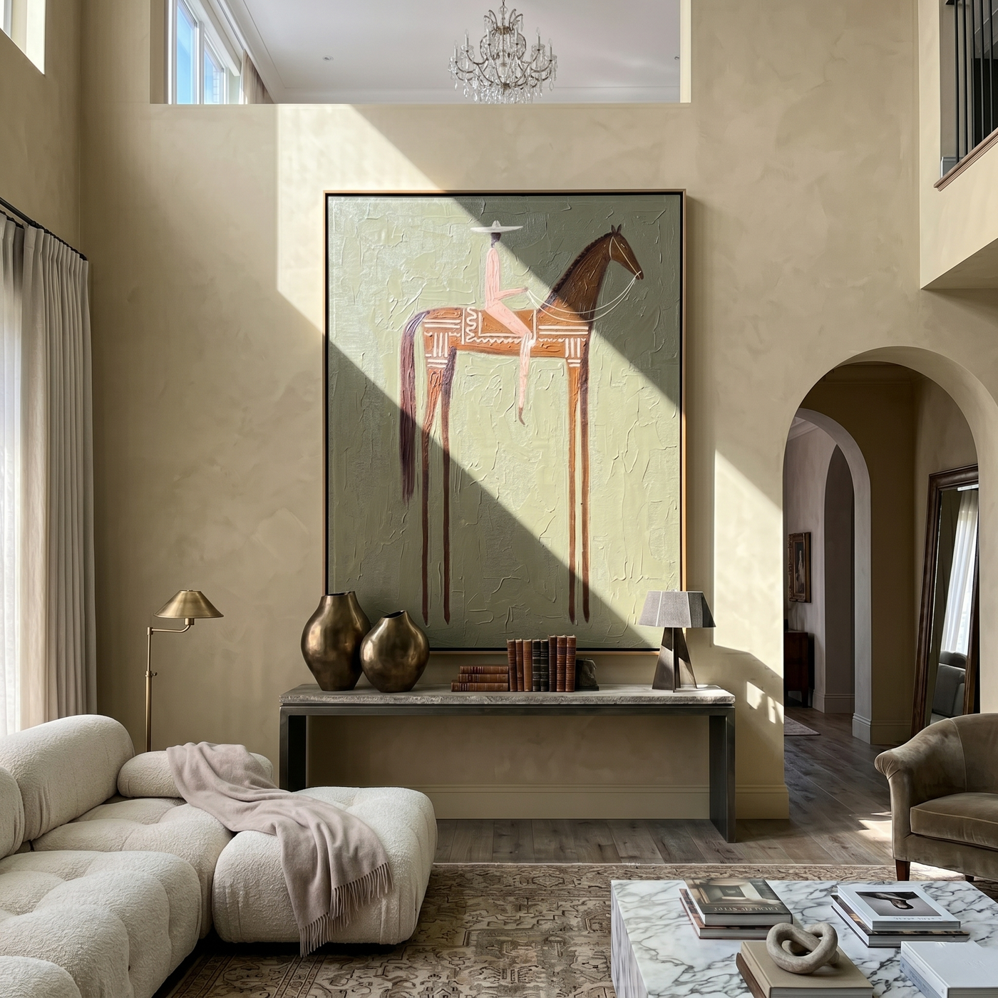 Pink Rider Crosses Taupe — brown and gold modern figurative vintage americana art, set of 2 hand-painted canvas art – view 2