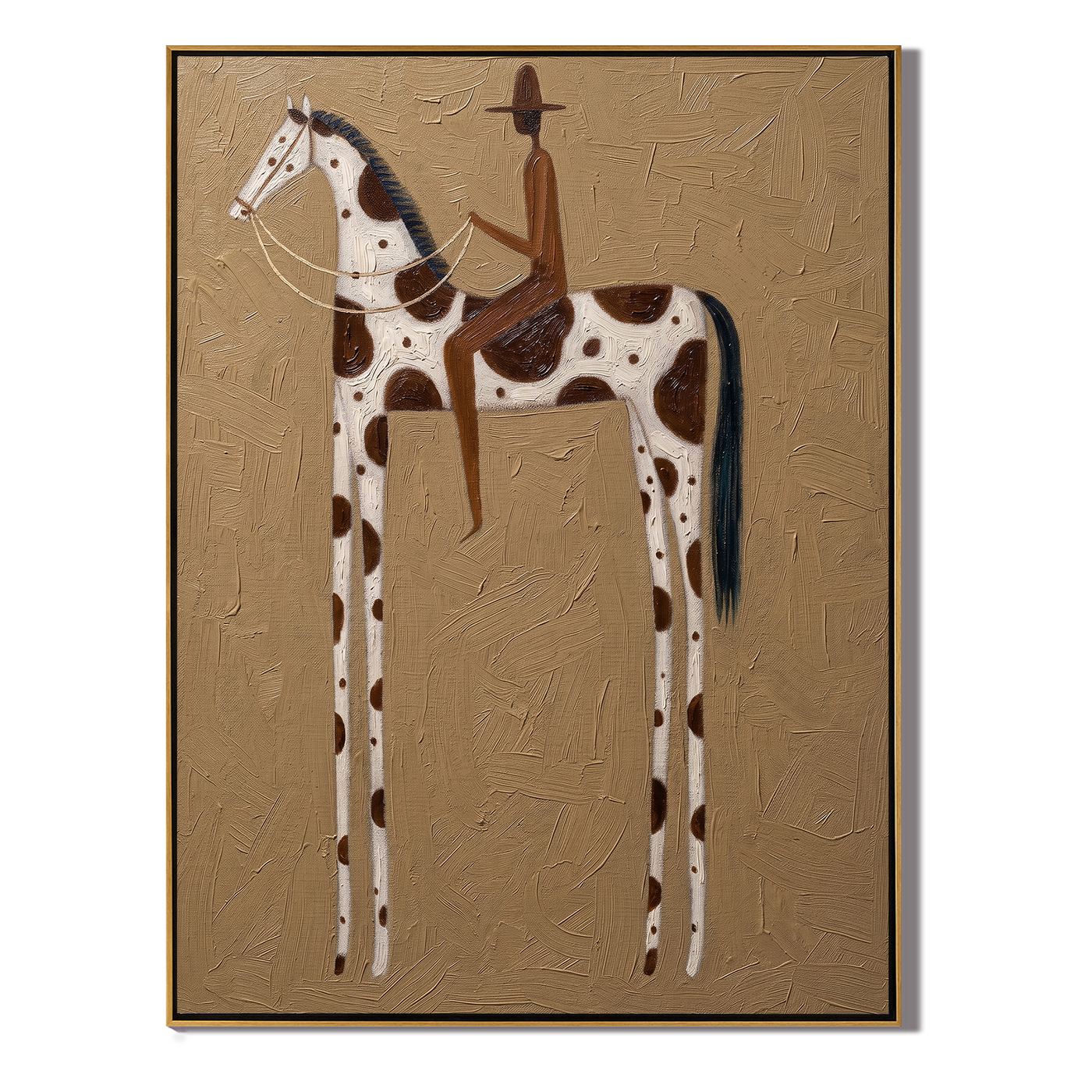 Brown Rider Counts Spots — brown and gold modern figurative vintage americana art, set of 2 hand-painted canvas art – view 1