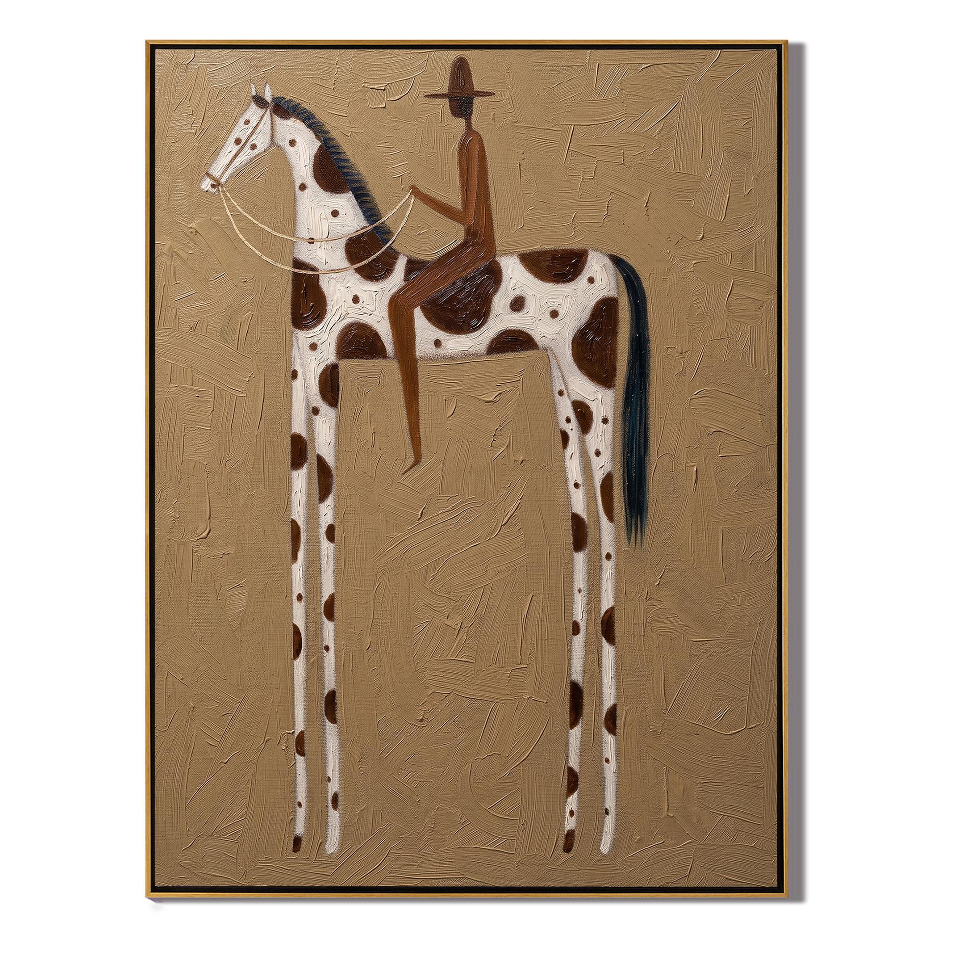 Brown Rider Counts Spots — brown and gold modern figurative vintage americana art, set of 2 hand-painted canvas art – view 1