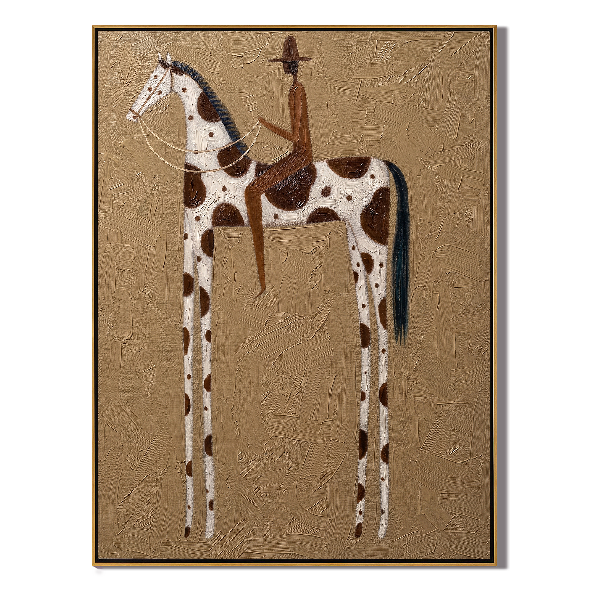 Brown Rider Counts Spots — brown and gold modern figurative vintage americana art, set of 2 hand-painted canvas art – view 1