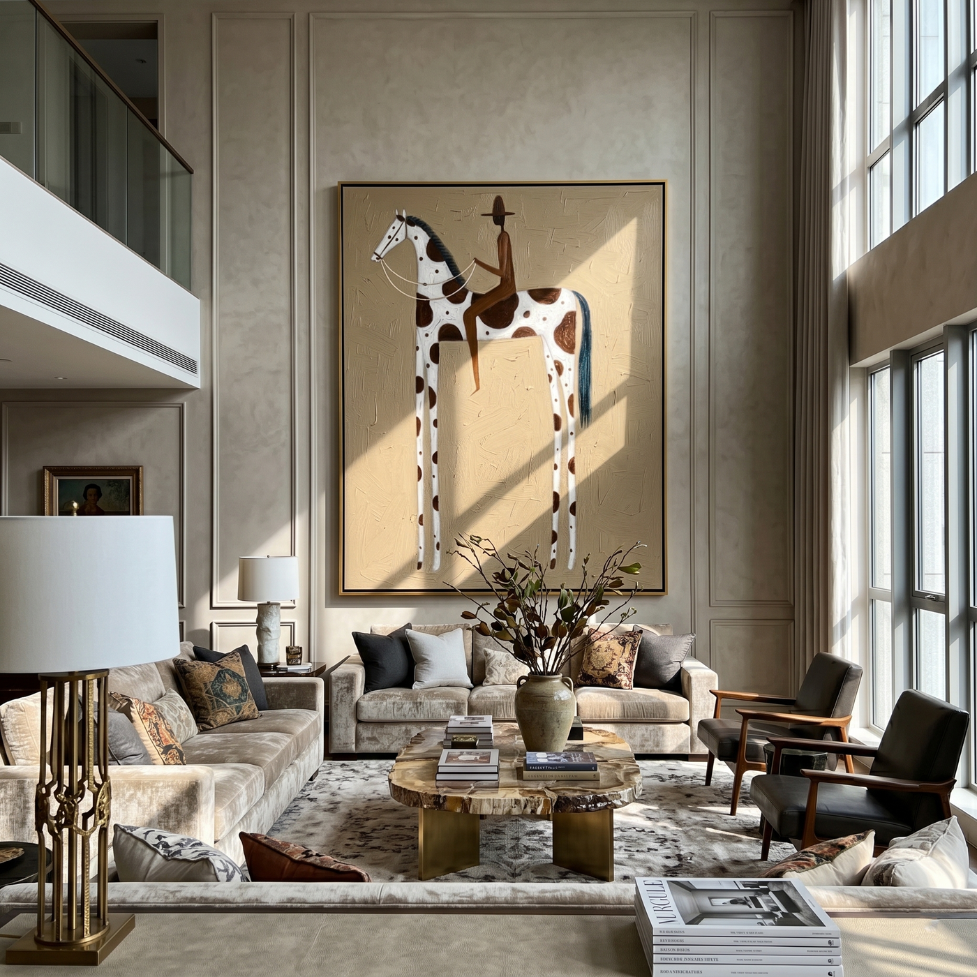 Brown Rider Counts Spots — brown and gold modern figurative vintage americana art, set of 2 hand-painted canvas art – view 2
