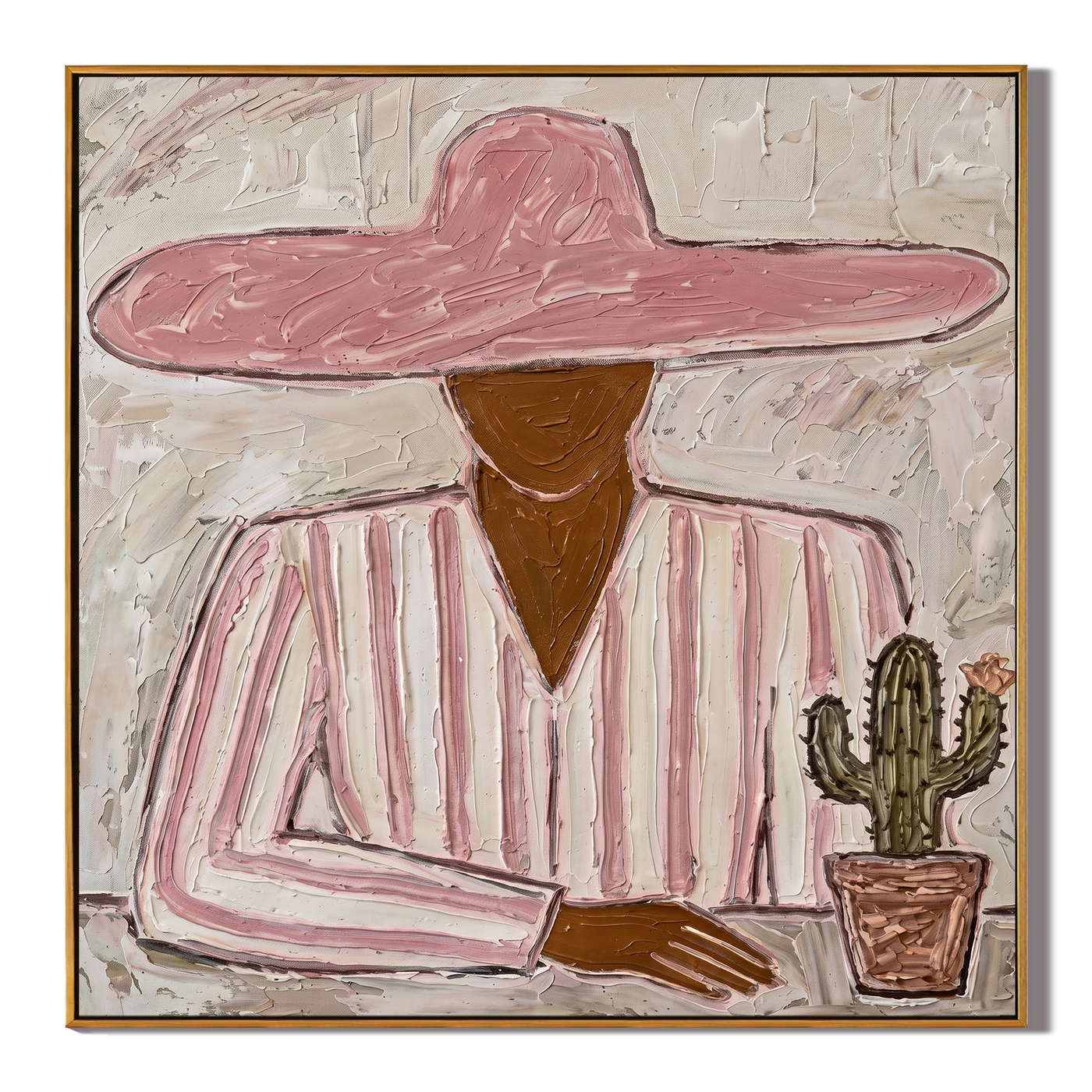 Pink Brim Guards Cactus — gray and red and brown modern figurative vintage americana art, set of 2 hand-painted canvas art – view 1