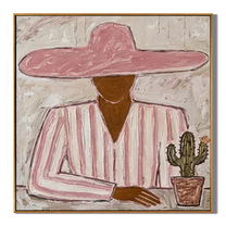 Pink Brim Guards Cactus — gray and red and brown modern figurative vintage americana art, set of 2 hand-painted canvas art – view 1