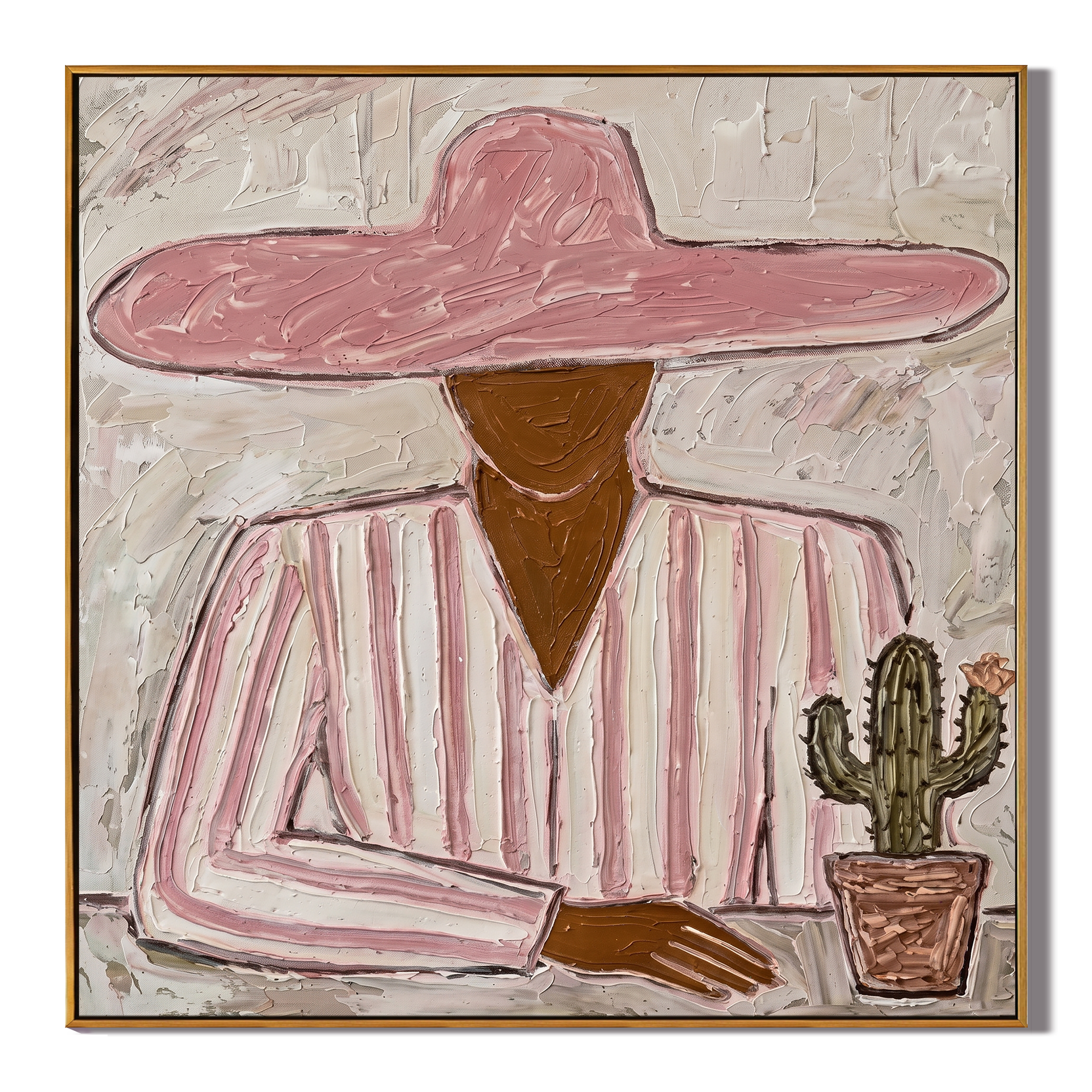 Pink Brim Guards Cactus — gray and red and brown modern figurative vintage americana art, set of 2 hand-painted canvas art – view 1