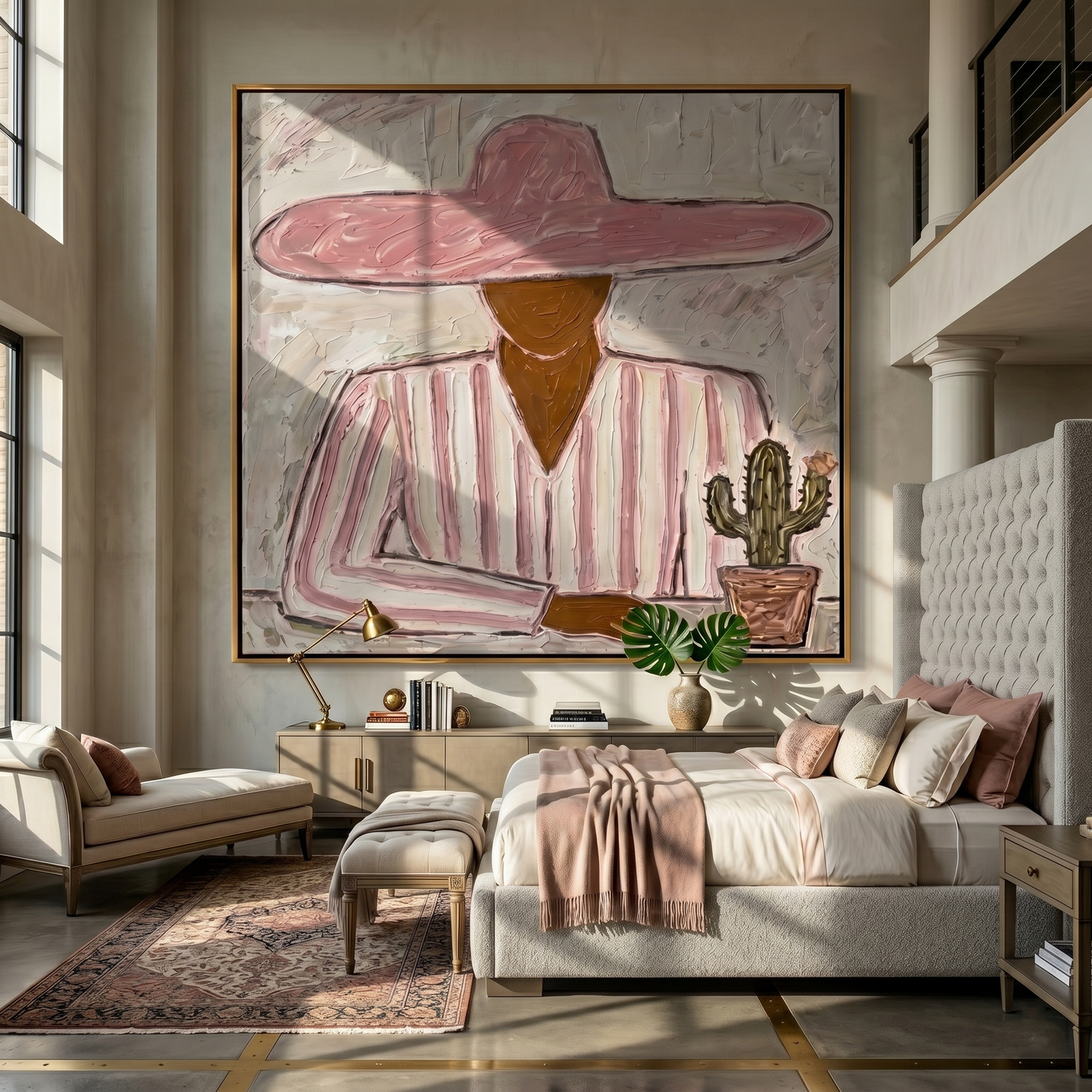 Pink Brim Guards Cactus — gray and red and brown modern figurative vintage americana art, set of 2 hand-painted canvas art – view 3