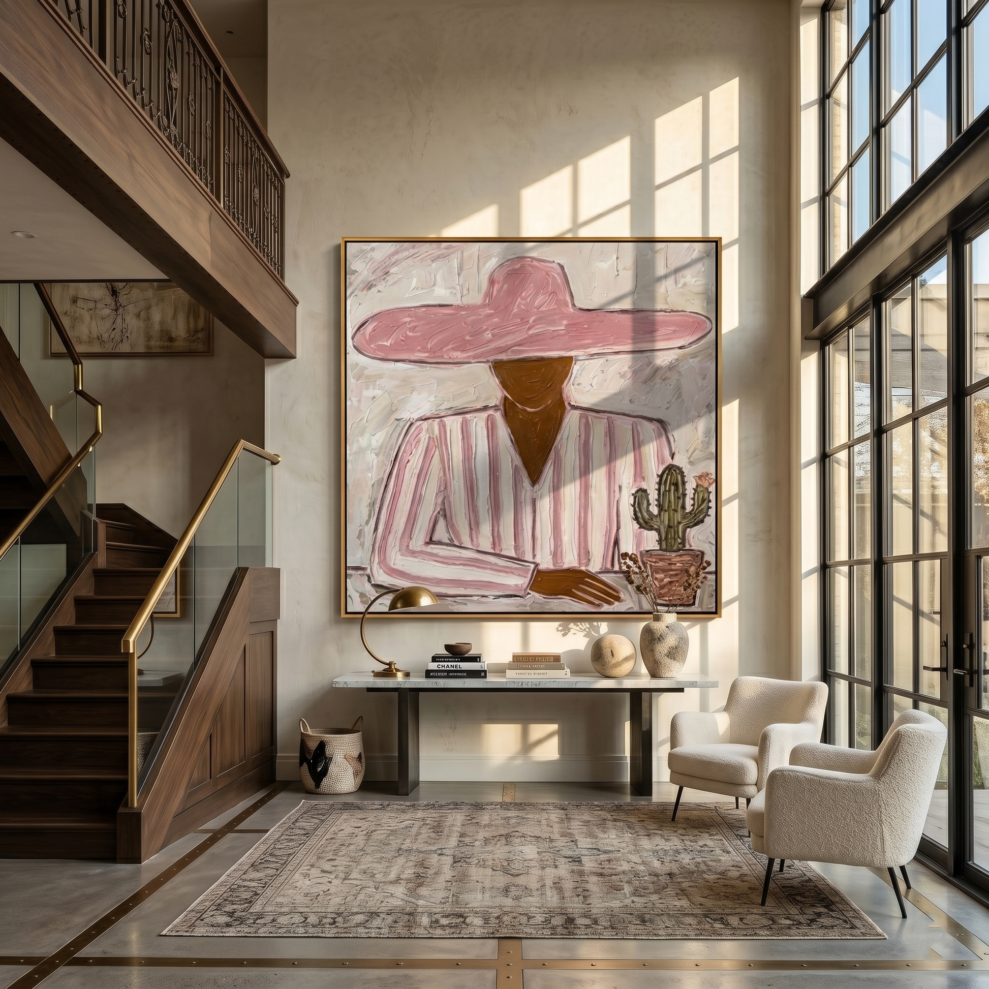 Pink Brim Guards Cactus — gray and red and brown modern figurative vintage americana art, set of 2 hand-painted canvas art – view 5