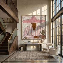 Pink Brim Guards Cactus — gray and red and brown modern figurative vintage americana art, set of 2 hand-painted canvas art – view 5