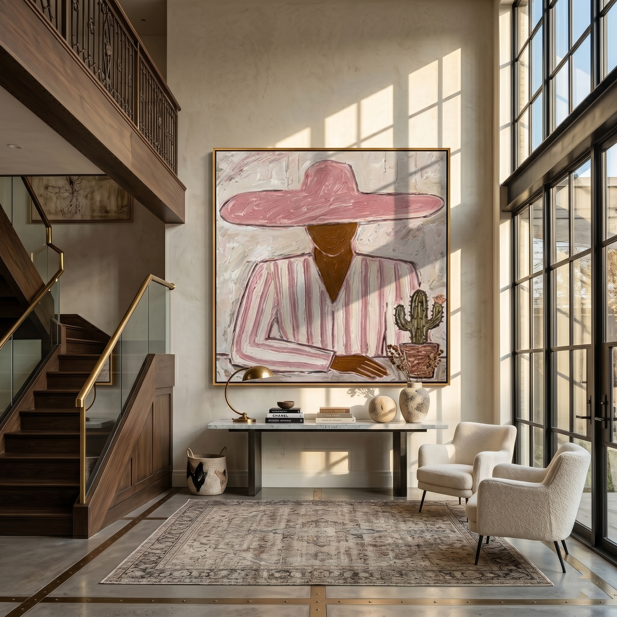 Pink Brim Guards Cactus — gray and red and brown modern figurative vintage americana art, set of 2 hand-painted canvas art – view 5