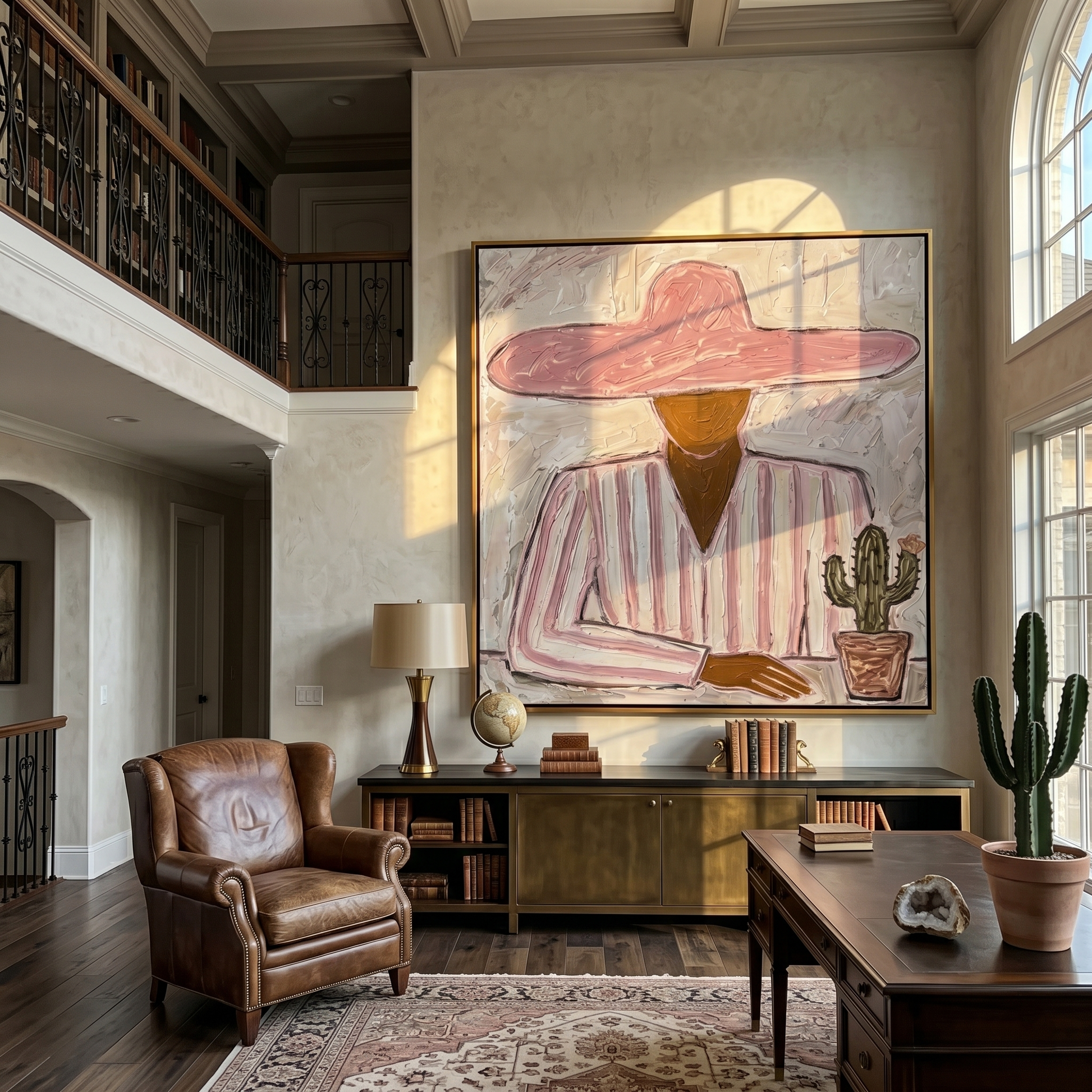 Pink Brim Guards Cactus — gray and red and brown modern figurative vintage americana art, set of 2 hand-painted canvas art – view 6