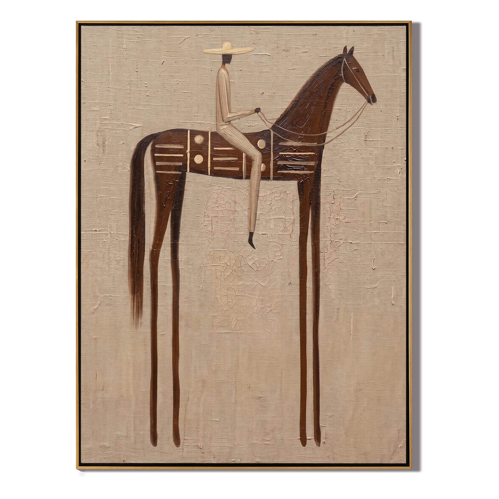 White Rider Crosses Brown — brown modern figurative vintage americana art, set of 2 hand-painted canvas art – view 1