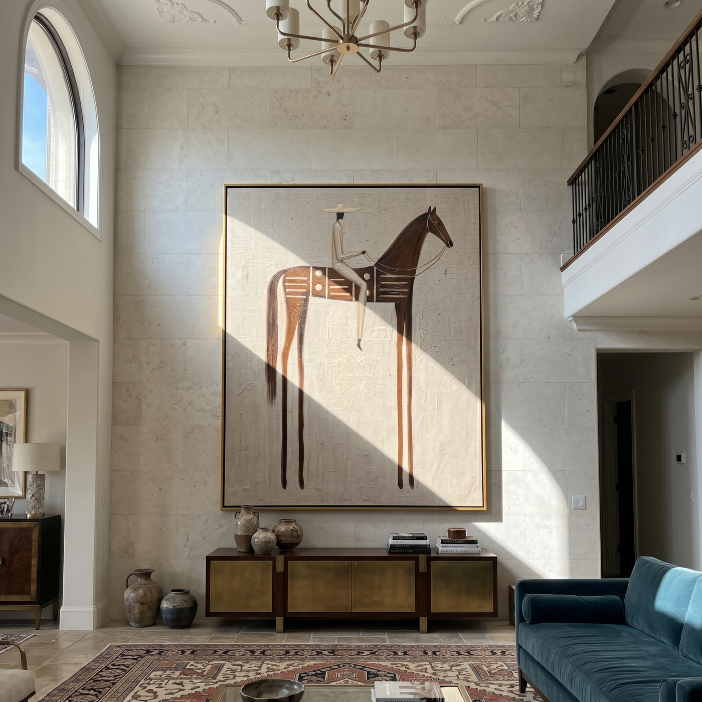 White Rider Crosses Brown — brown modern figurative vintage americana art, set of 2 hand-painted canvas art – view 2