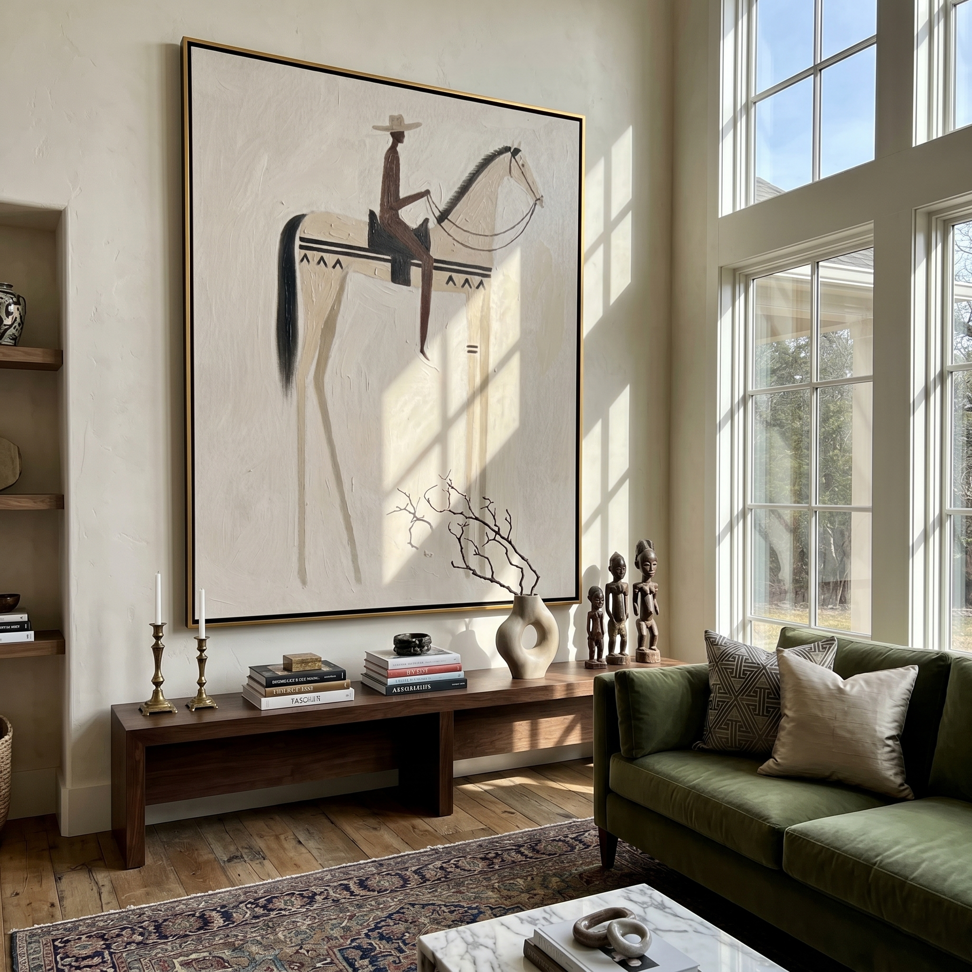 Pale Horse Holds Shadow — gray and brown modern figurative vintage americana art, set of 2 hand-painted canvas art – view 6