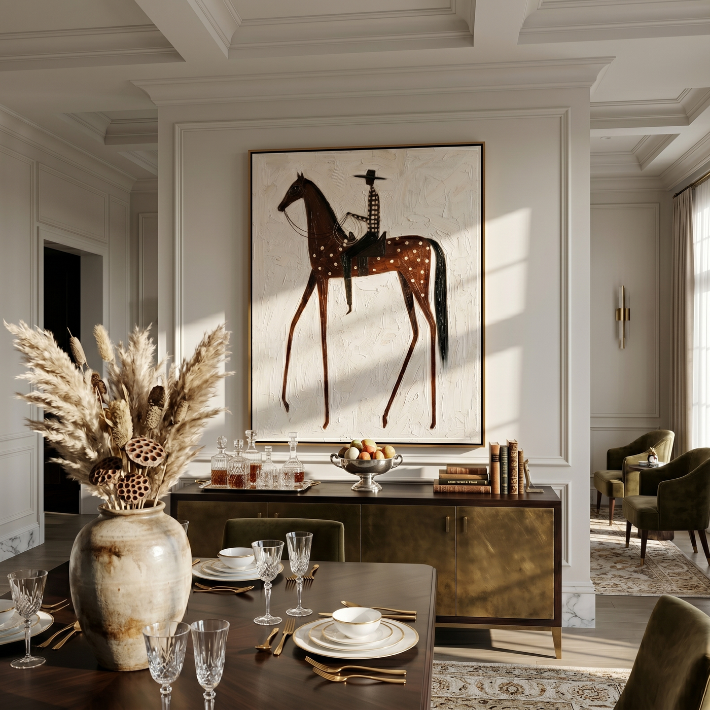 Spotted Horse Carries Silence — gray and brown and white modern figurative vintage americana art, set of 2 hand-painted canvas art – view 3