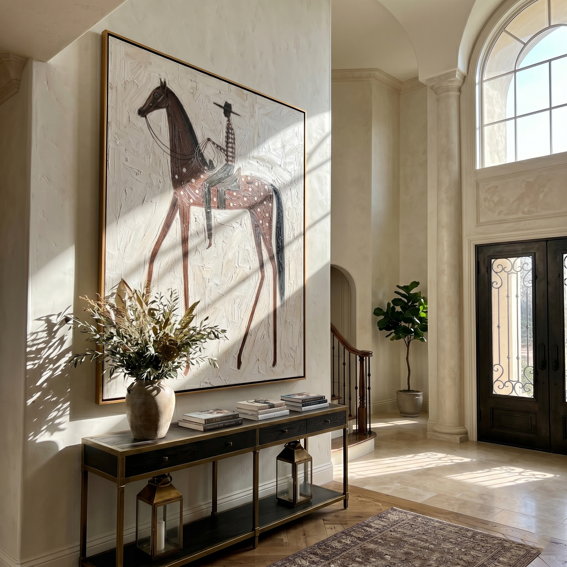 Spotted Horse Carries Silence — gray and brown and white modern figurative vintage americana art, set of 2 hand-painted canvas art – view 5