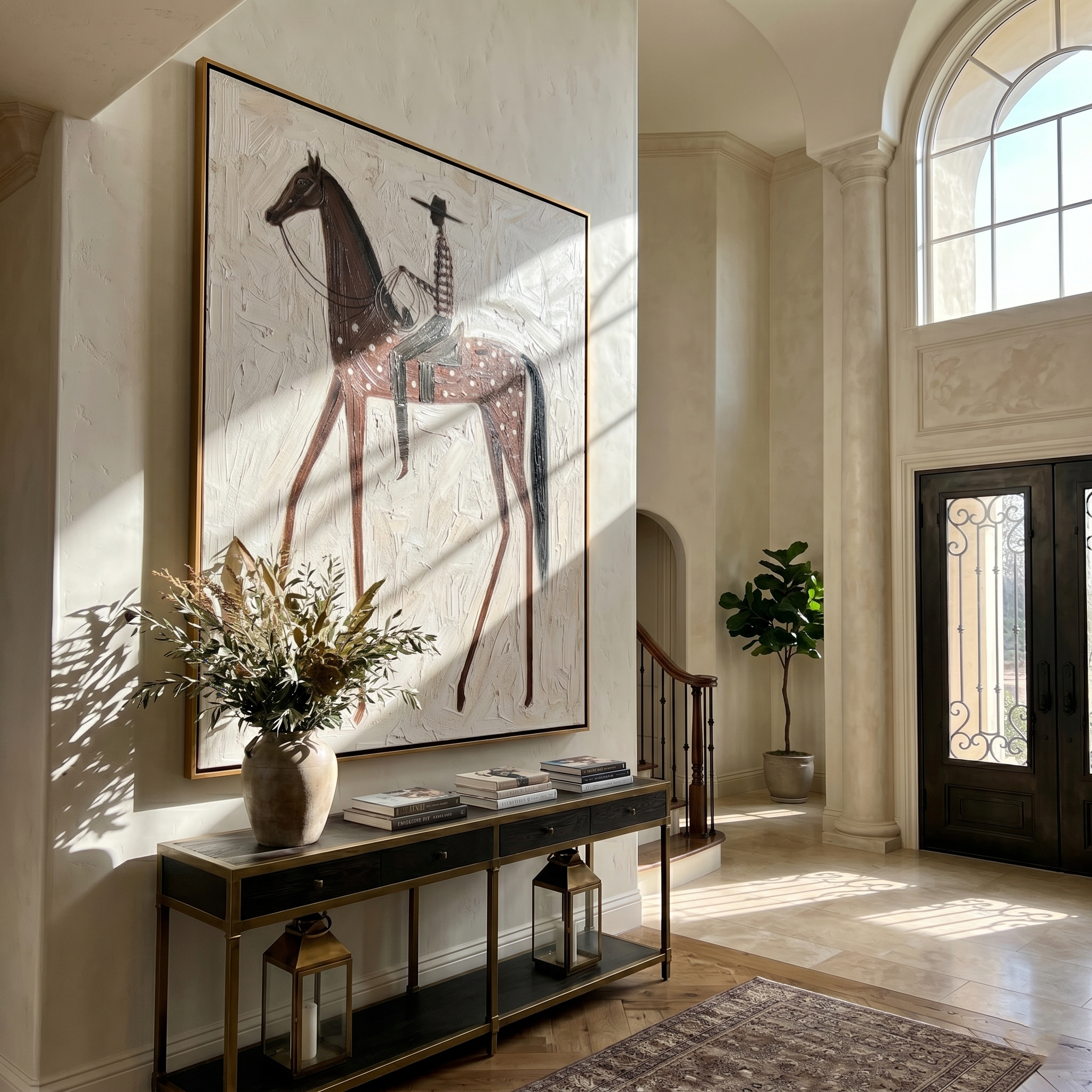 Spotted Horse Carries Silence — gray and brown and white modern figurative vintage americana art, set of 2 hand-painted canvas art – view 5