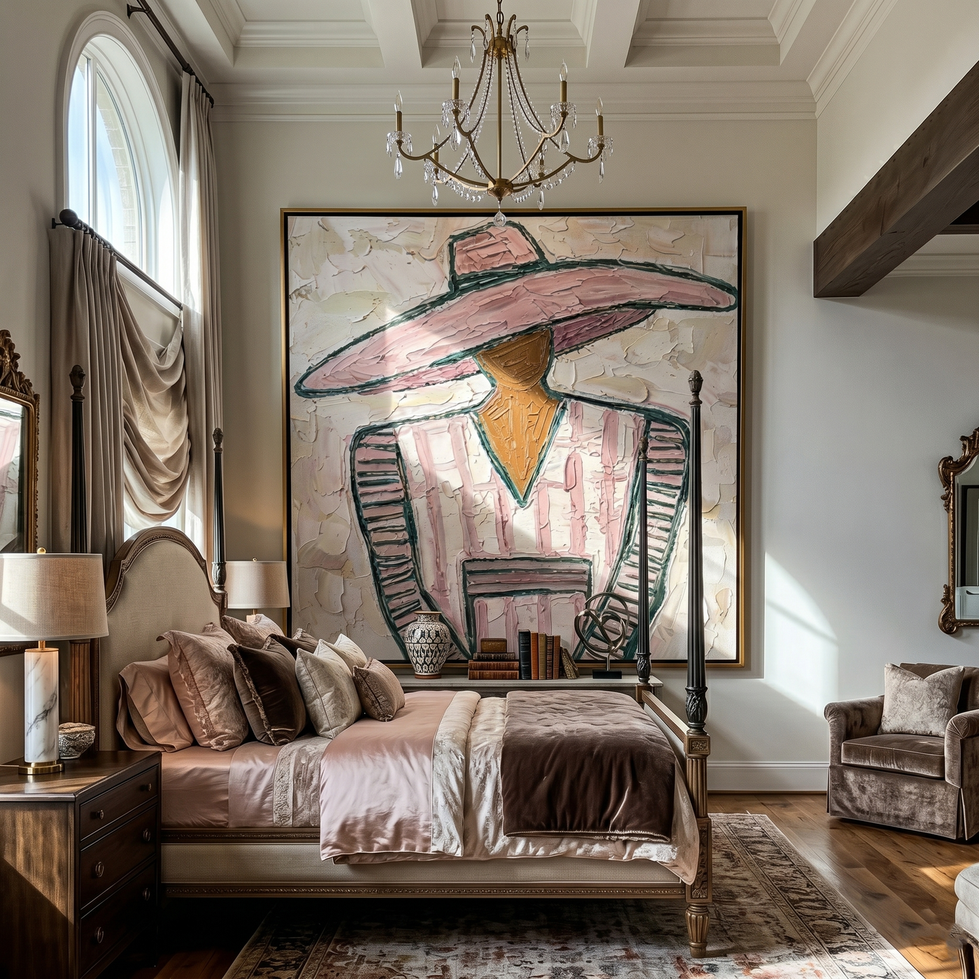 Pink Suit Faces Noon — gray and brown modern figurative vintage americana art, set of 2 hand-painted canvas art – view 2