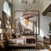 Pink Suit Faces Noon — gray and brown modern figurative vintage americana art, set of 2 hand-painted canvas art – view 2