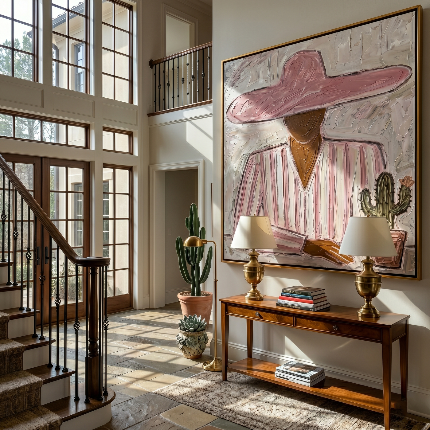 Pink Suit Faces Noon — gray and brown modern figurative vintage americana art, set of 2 hand-painted canvas art – view 3