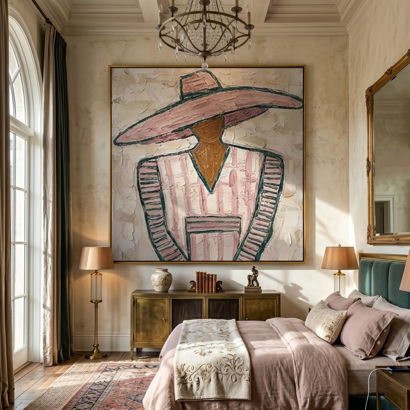 Pink Suit Faces Noon — gray and brown modern figurative vintage americana art, set of 2 hand-painted canvas art – view 4