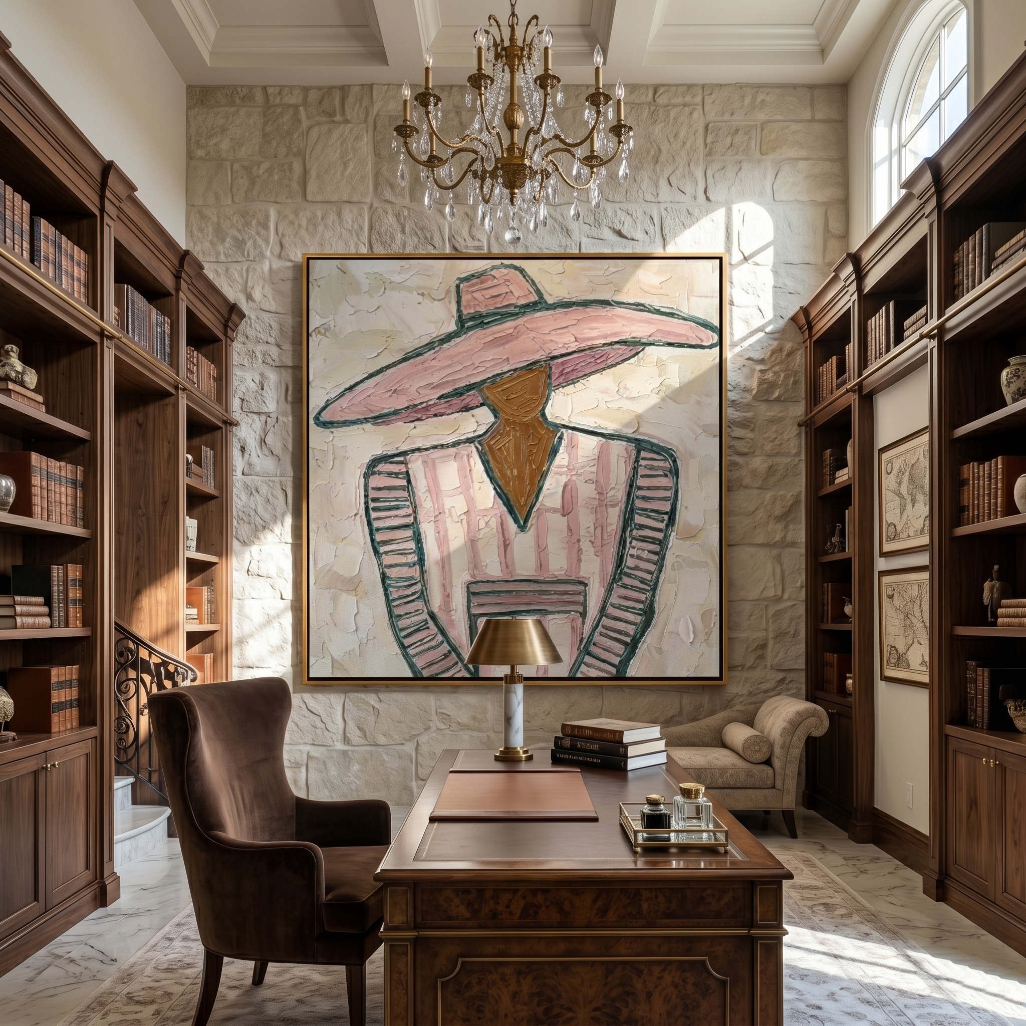 Pink Suit Faces Noon — gray and brown modern figurative vintage americana art, set of 2 hand-painted canvas art – view 5