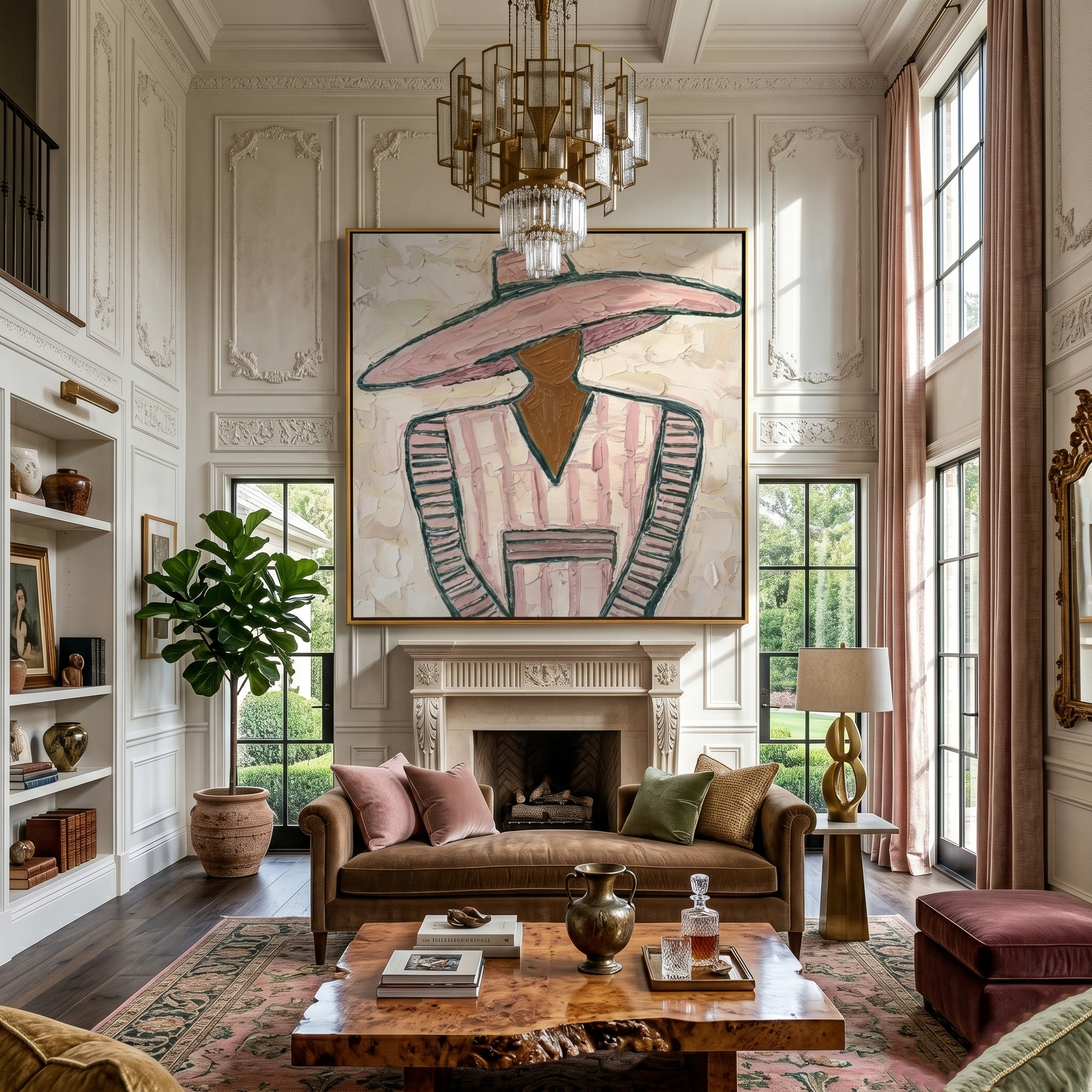 Pink Suit Faces Noon — gray and brown modern figurative vintage americana art, set of 2 hand-painted canvas art – view 6