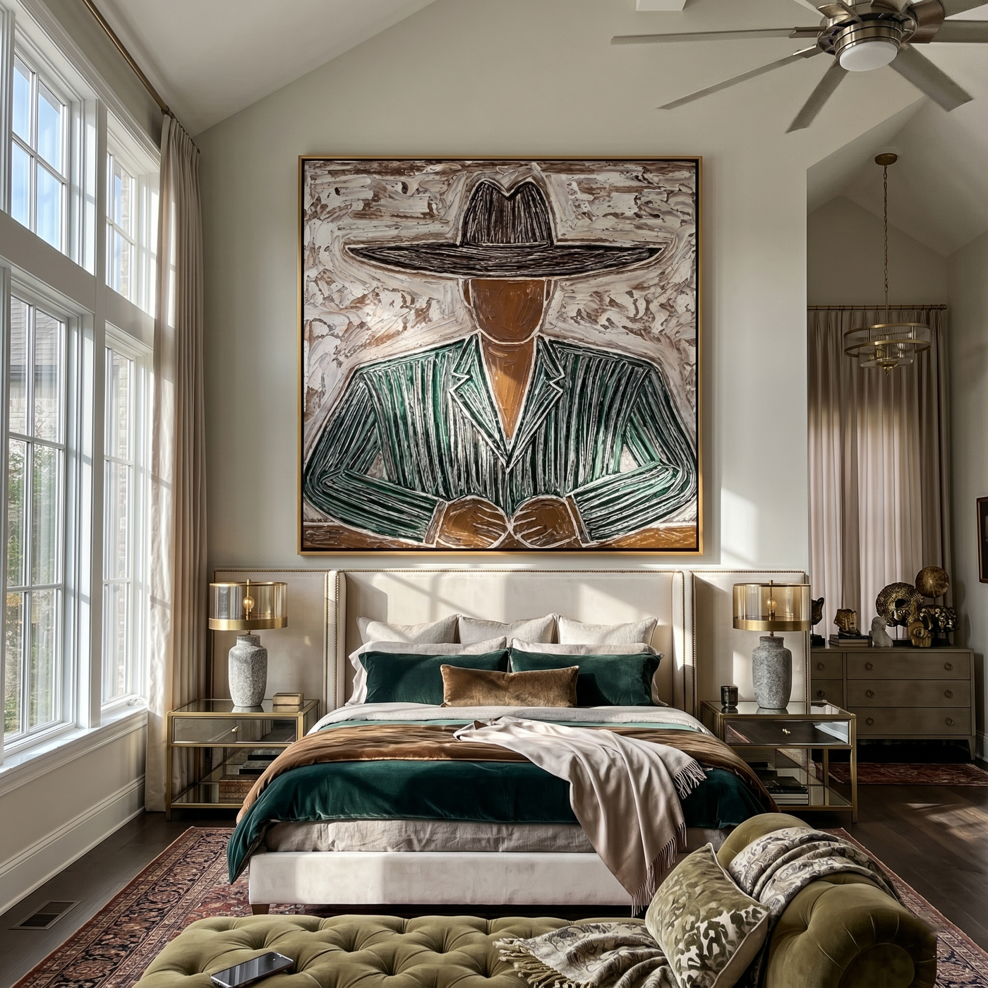 Green Stripes Hold Hands — gray and brown modern figurative vintage americana art, set of 2 hand-painted canvas art – view 2