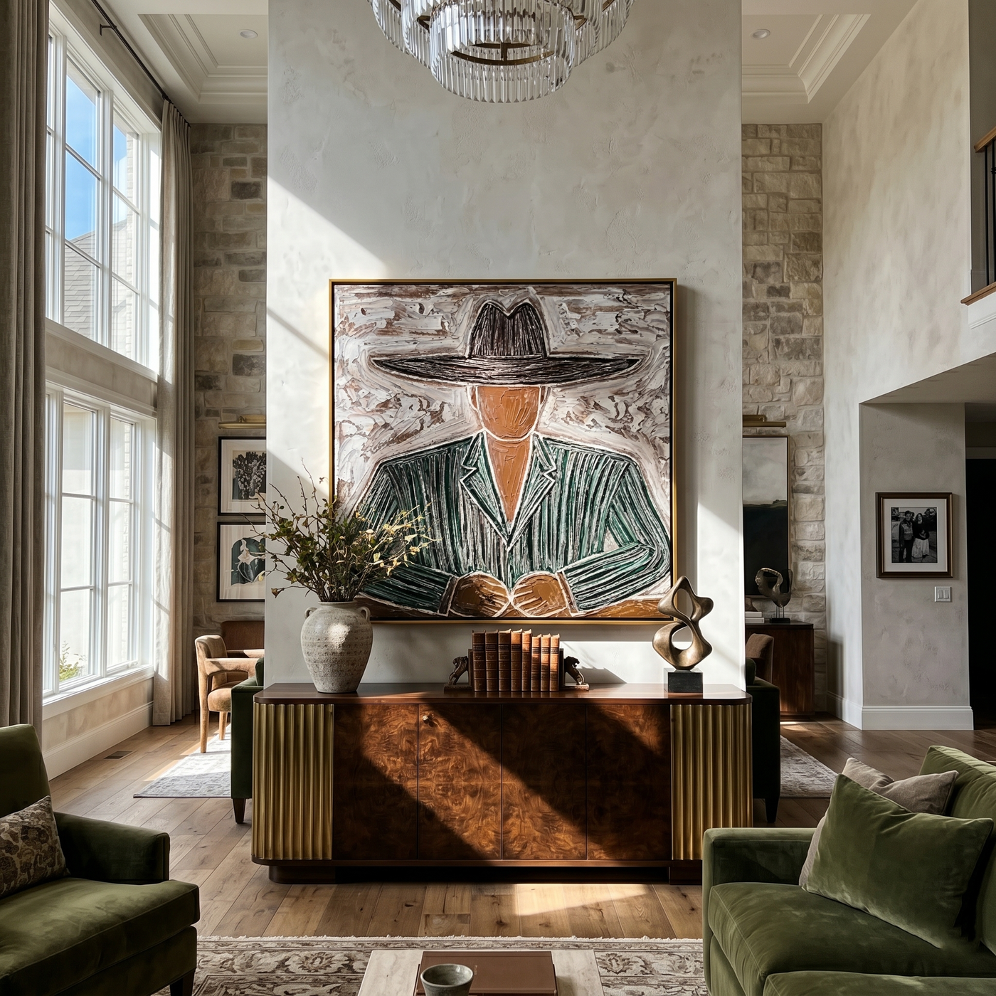 Green Stripes Hold Hands — gray and brown modern figurative vintage americana art, set of 2 hand-painted canvas art – view 4