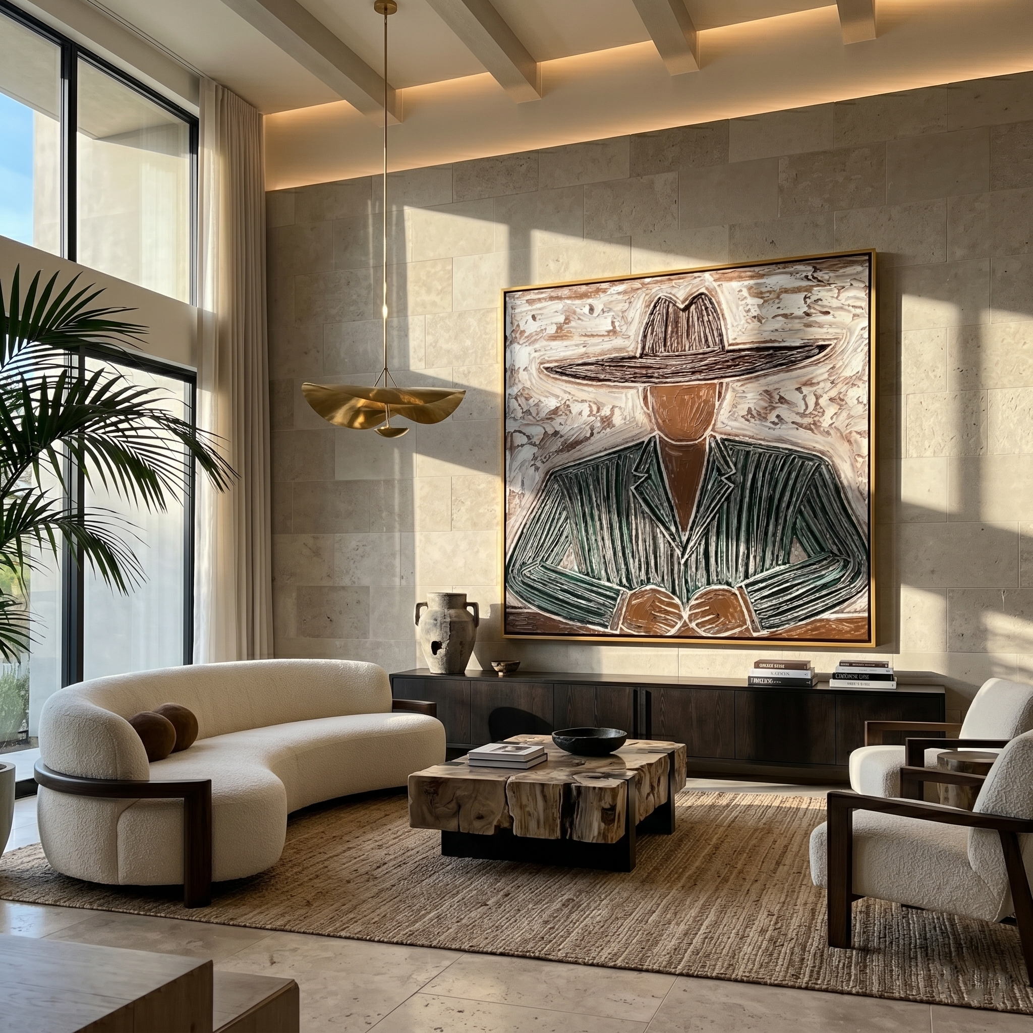 Green Stripes Hold Hands — gray and brown modern figurative vintage americana art, set of 2 hand-painted canvas art – view 5