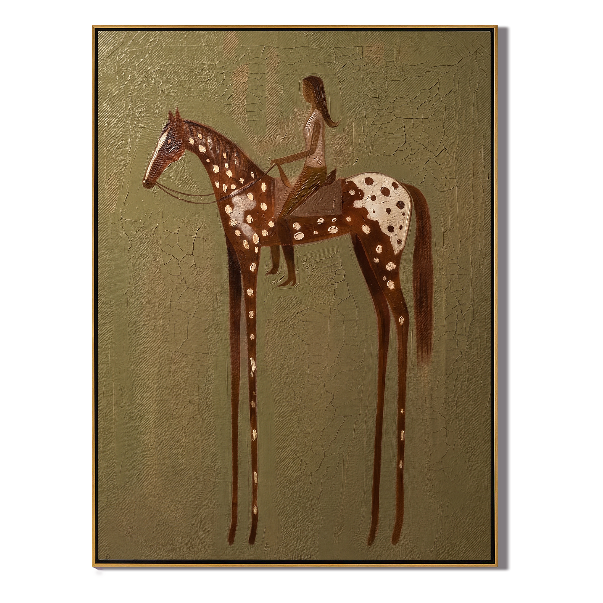 Woman Rides Through Spots — brown modern figurative vintage americana art, set of 2 hand-painted canvas art – view 1