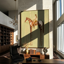 Woman Rides Through Spots — brown modern figurative vintage americana art, set of 2 hand-painted canvas art – view 6