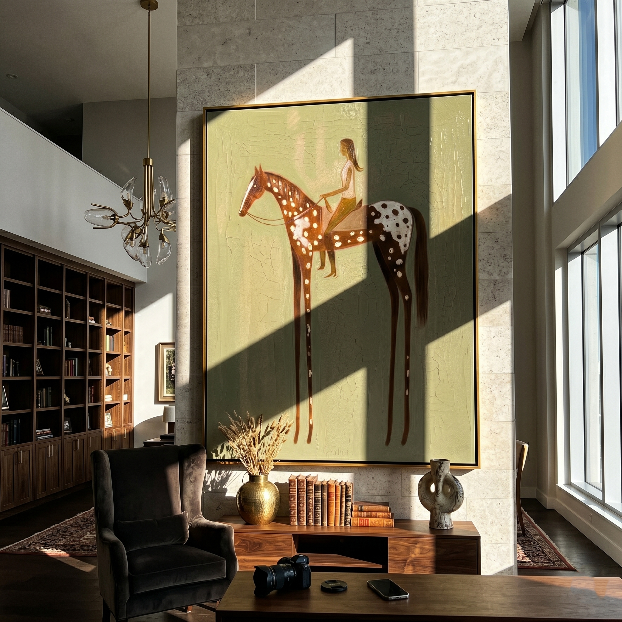 Woman Rides Through Spots — brown modern figurative vintage americana art, set of 2 hand-painted canvas art – view 6