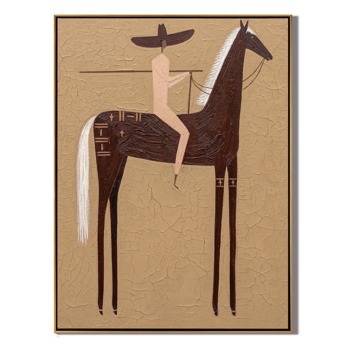 Black Horse Divides Sand — brown and gold modern figurative vintage americana art, set of 2 hand-painted canvas art – view 1