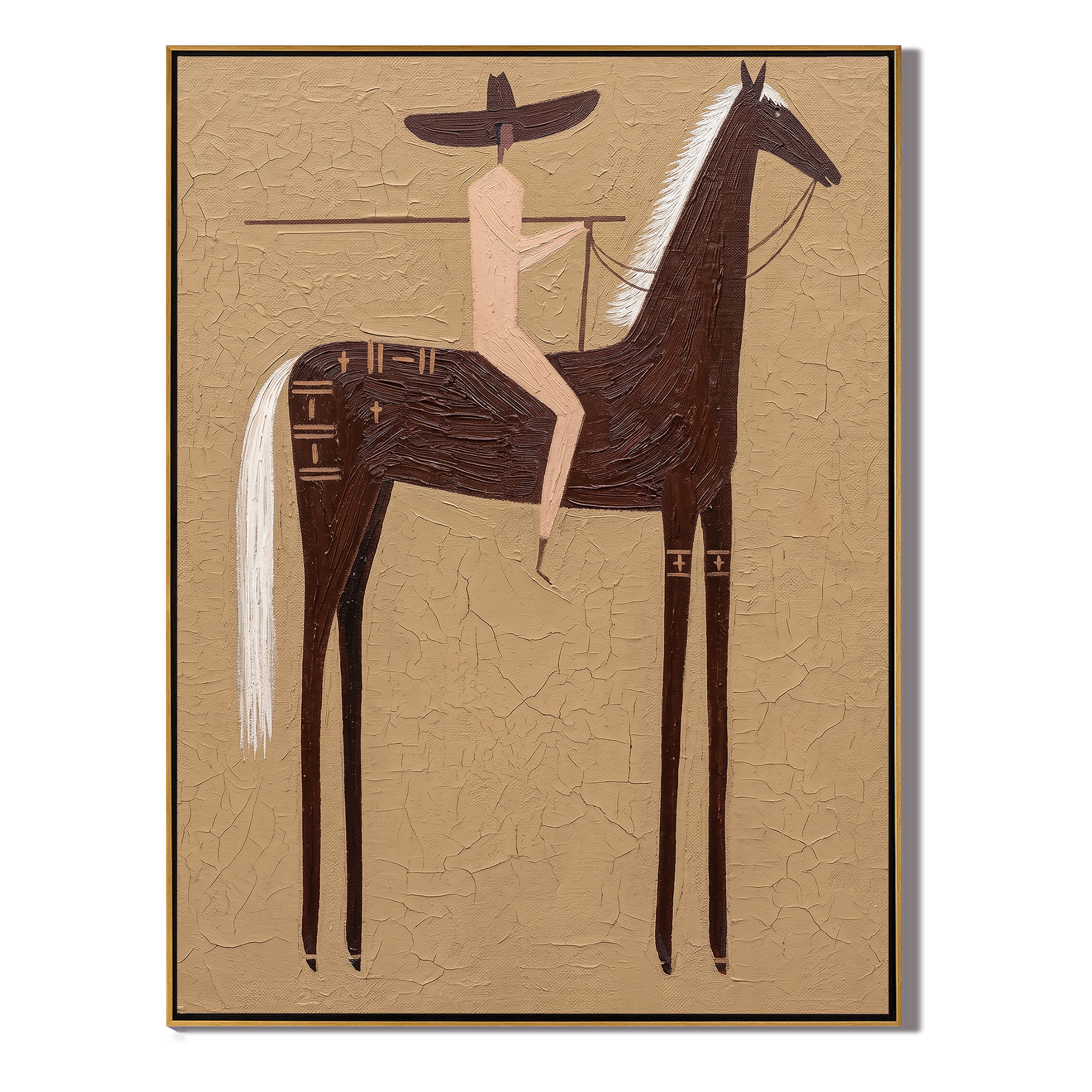 Black Horse Divides Sand — brown and gold modern figurative vintage americana art, set of 2 hand-painted canvas art – view 1