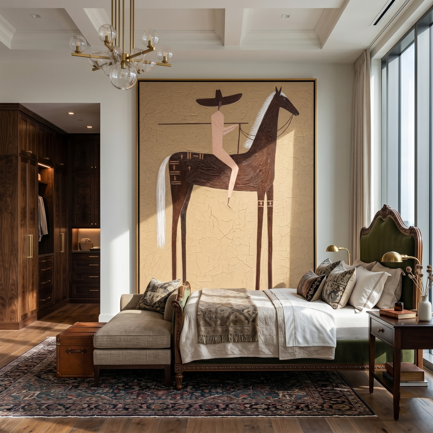 Black Horse Divides Sand — brown and gold modern figurative vintage americana art, set of 2 hand-painted canvas art – view 4