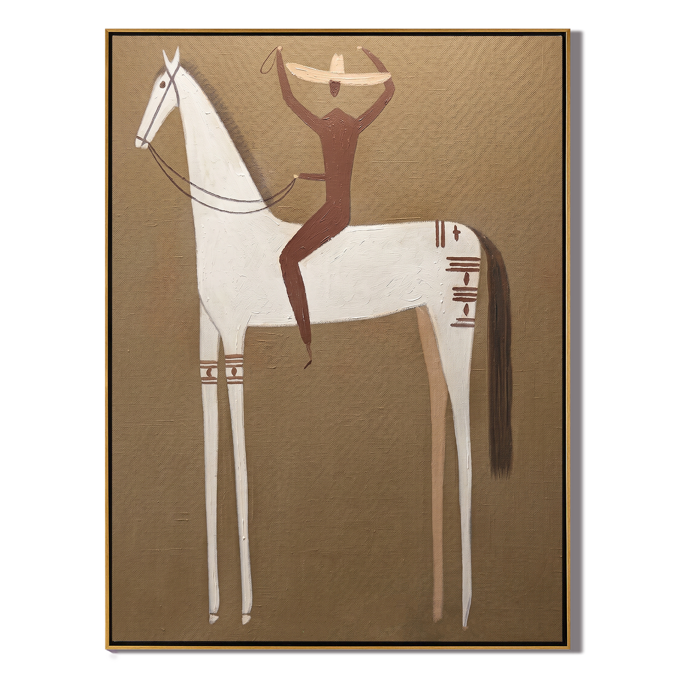 White Horse Lifts Balance — brown and gold modern figurative vintage americana art, set of 2 hand-painted canvas art – view 1