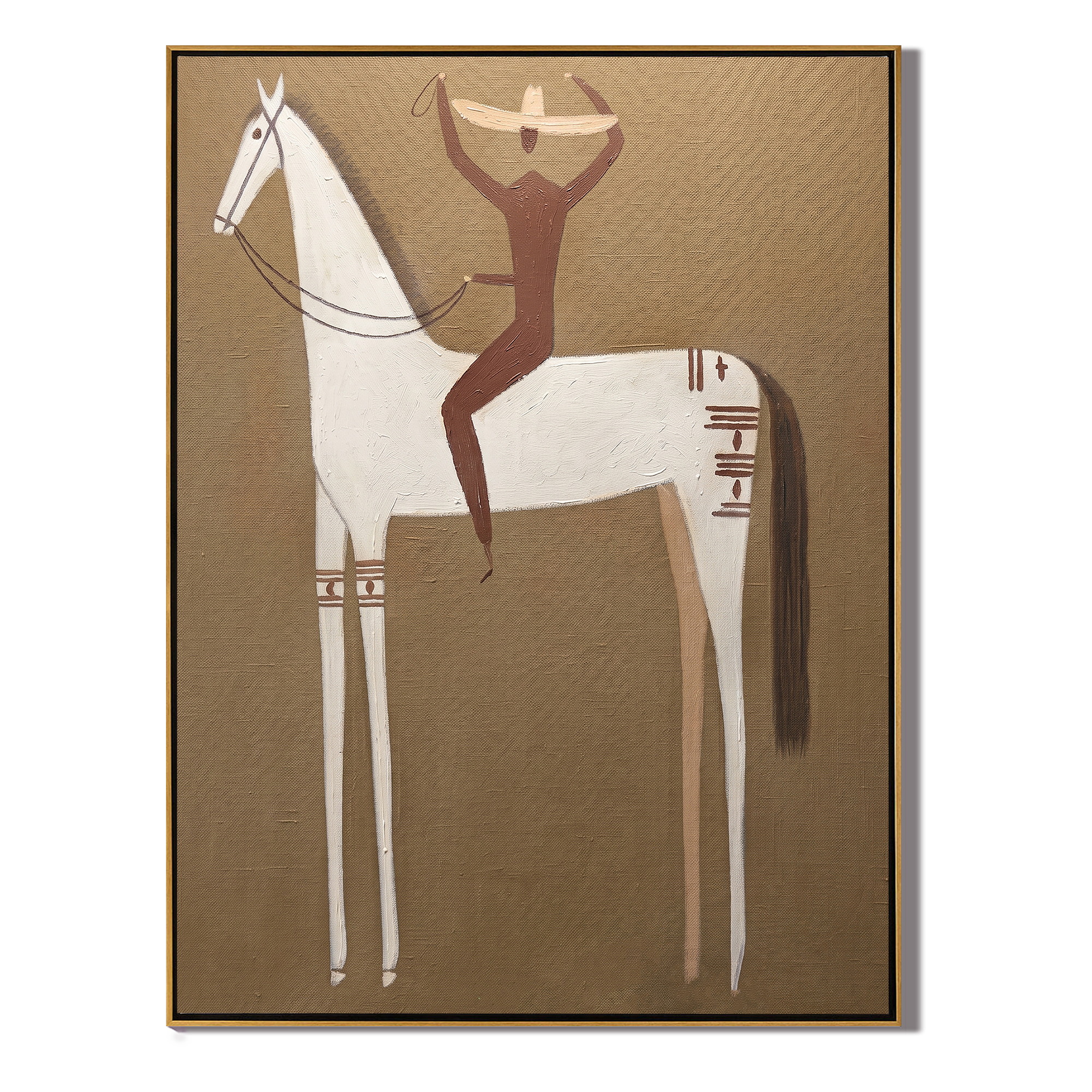 White Horse Lifts Balance — brown and gold modern figurative vintage americana art, set of 2 hand-painted canvas art – view 1