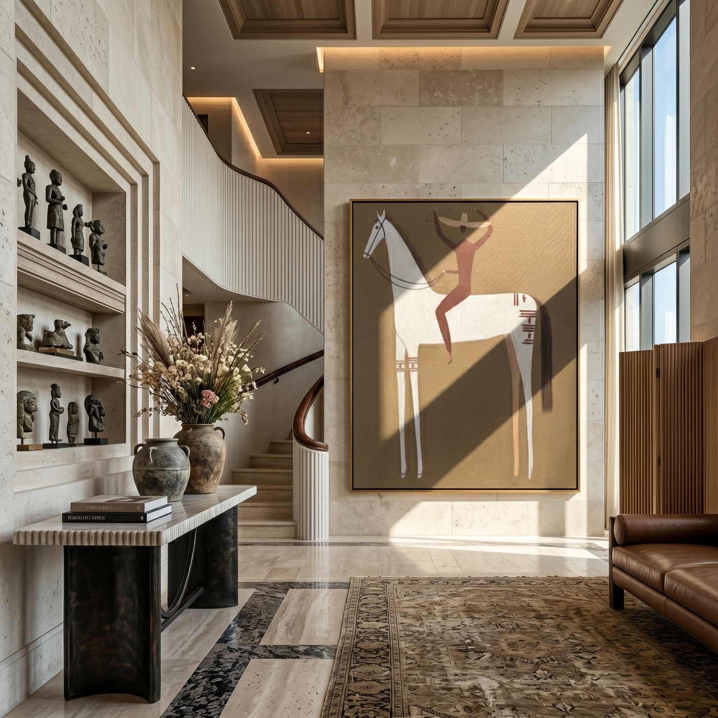 White Horse Lifts Balance — brown and gold modern figurative vintage americana art, set of 2 hand-painted canvas art – view 4