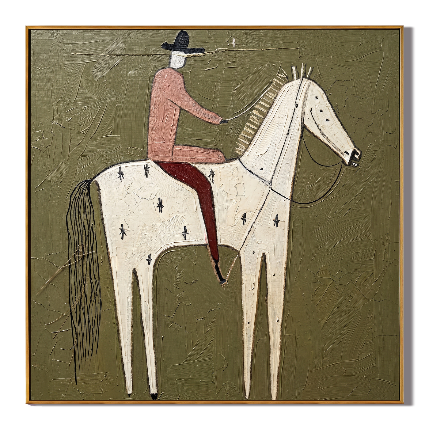 Pink Rider on Ivory — brown and gray modern figurative vintage americana art, set of 2 hand-painted canvas art – view 1