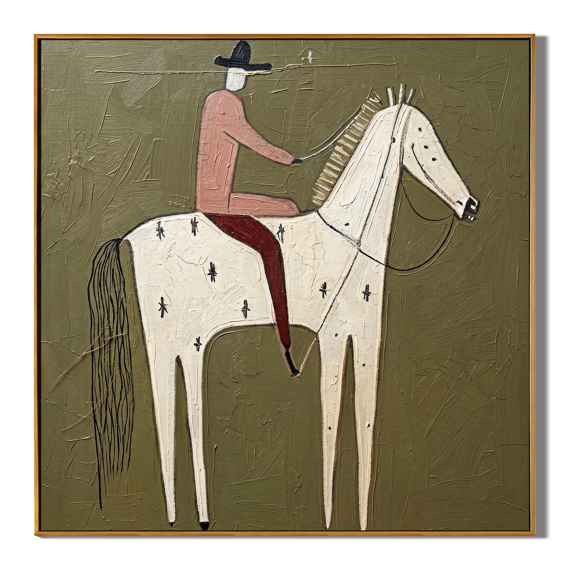 Pink Rider on Ivory — brown and gray modern figurative vintage americana art, set of 2 hand-painted canvas art – view 1