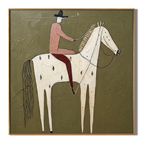 Pink Rider on Ivory — brown and gray modern figurative vintage americana art, set of 2 hand-painted canvas art – view 1