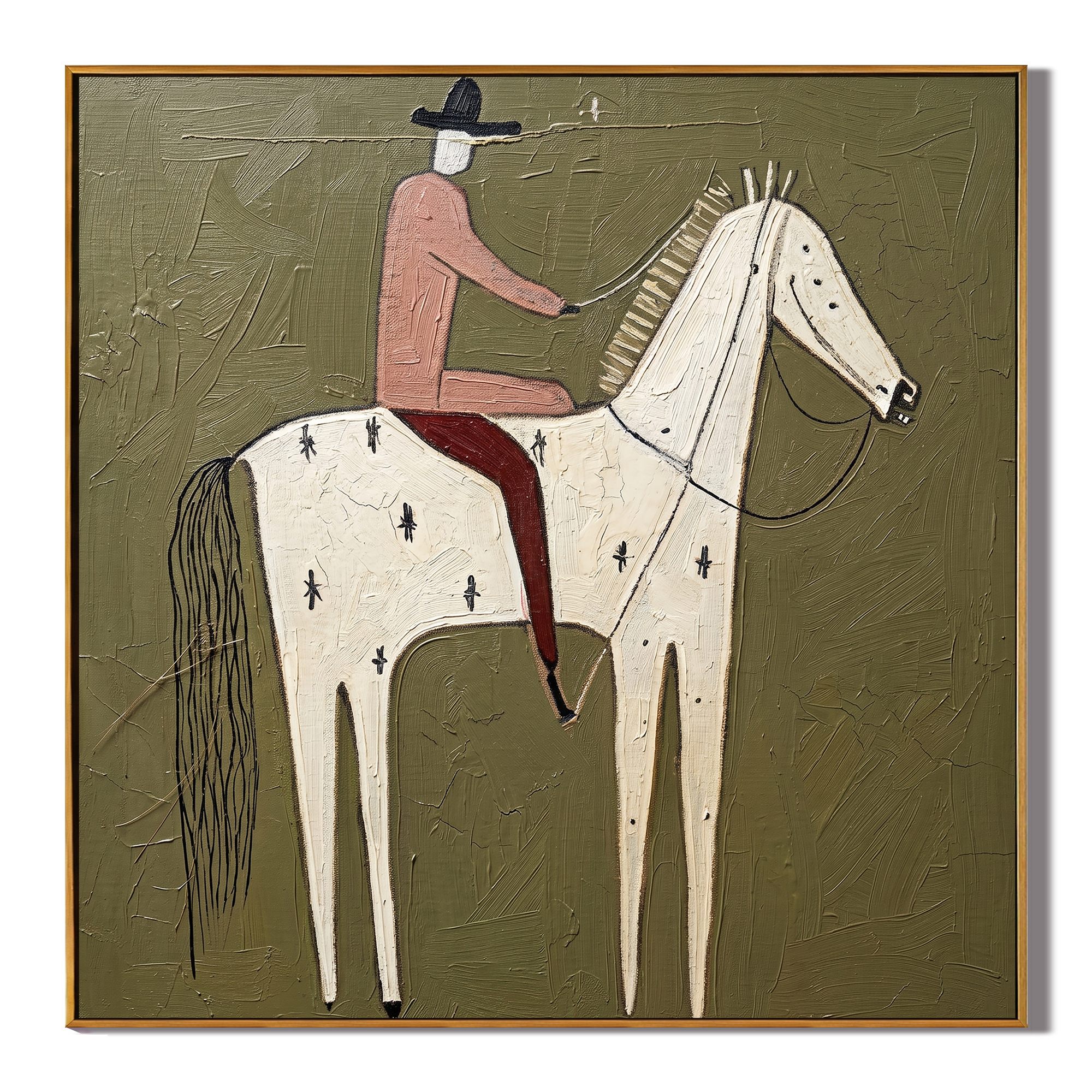 Pink Rider on Ivory — brown and gray modern figurative vintage americana art, set of 2 hand-painted canvas art – view 1